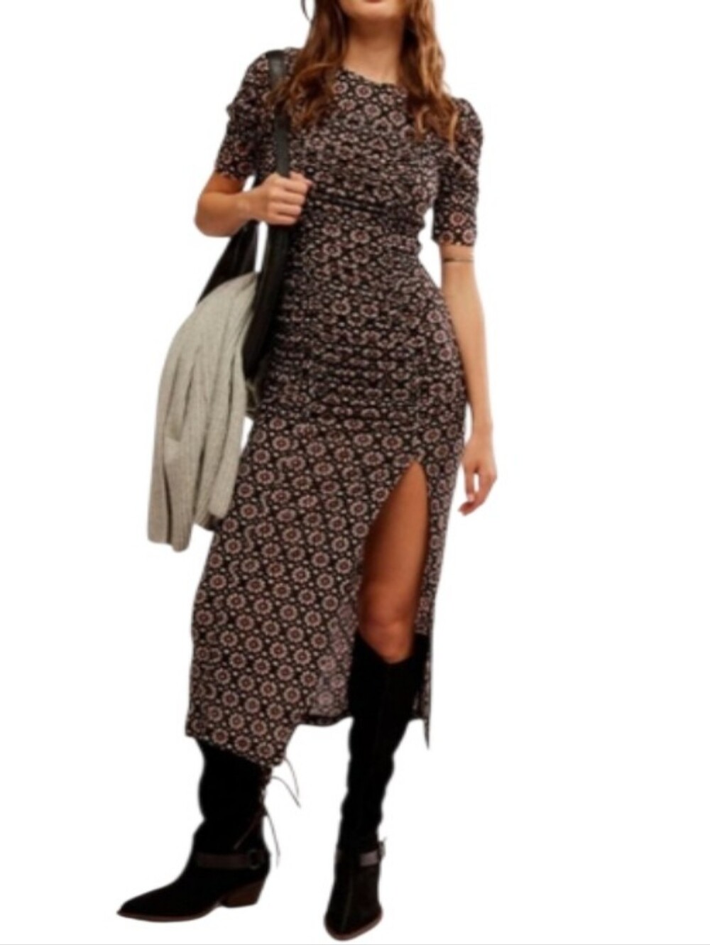 Free People Briella Ruched Floral Midi Dress with Side Slit-NWT